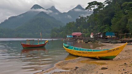  In the foreground, two colorful wooden boats with long oars rest on sandy shores of Seroi Beach in Pahang near Kampung 