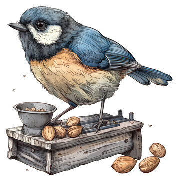 recommend clip art: A cartoon-style illustration of a blue tit perched on a nutcracker, surrounded by scattered nuts