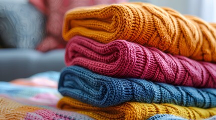 Fototapeta premium A stack of colorful sweaters are neatly folded on top of each other, with one sweater leaning against the edge and another placed behind it