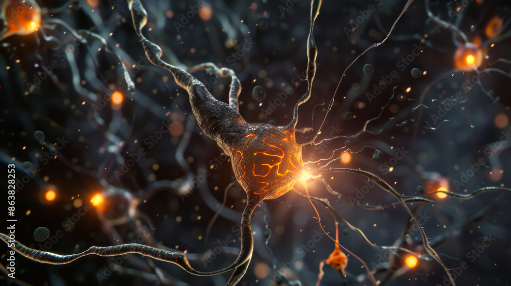 Poster a close up of a brain with many neurons and a lot of glowing lights. concept of complexity and myste