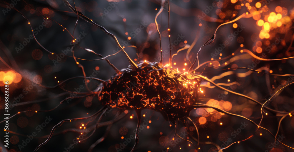 Poster a close up of a brain with many neurons and a lot of glowing lights. concept of complexity and myste