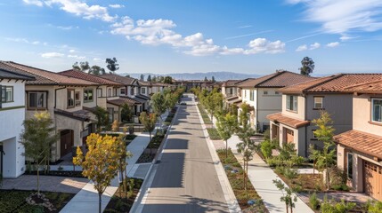 Panoramic view of a gated community with homes lined up along a street