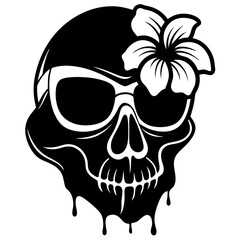 Black  melting skull,  wearing sunglass, and head one side hibiscus  flower silhouette vector art  illustration