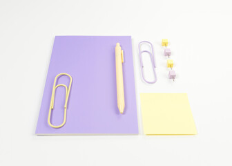 Top view of purple notebook on white background. Sticky note, paperclips, pen and pins. School, office wallpaper. Flat lay, copy space.