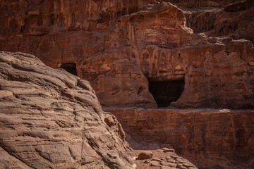 Sandstone Rock Texture in Petra. Exploration of Unesco World Heritage Site in Jordan. 