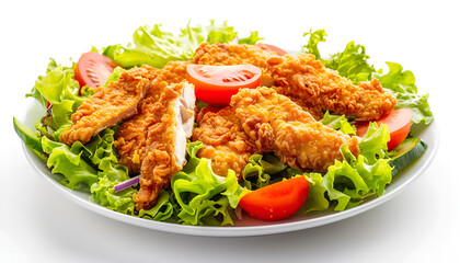 Fototapeta premium Healthy green salad with crispy fried chicken and tomato isolated on white