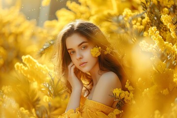 Beautiful Woman in Blooming Mimosa Flowers, Large Flowers, Beautiful Princess, Festive Atmosphere