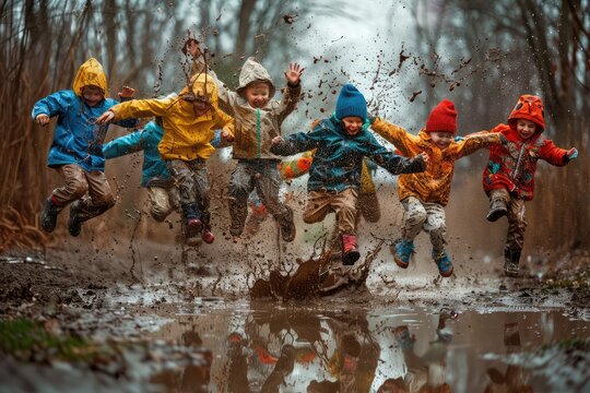 Naklejki Funny Kids are Jumping in a Muddy Puddle, Mud Splashes Everywhere, Immune System Strengthening
