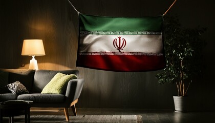 The flag of Iran hangs in the living room at home. The flag is in house.