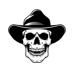 Cowboy Skull with Hat Illustration, Striking black and white illustration of a skull wearing a cowboy hat, combining Western and gothic elements for a bold design.
