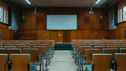 Empty lecture hall with rows of seats and whiteboard High quality images