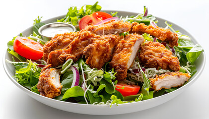 Fototapeta premium Healthy green salad with crispy fried chicken and tomato isolated on white