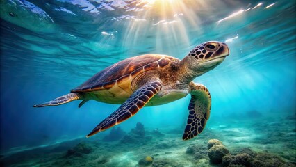 Fototapeta premium Masterful sea turtle swimming gracefully in the ocean, sea turtle, marine life, underwater, majestic, graceful, swimming