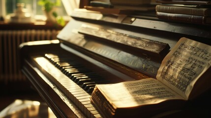 Music theory books and notes on a piano High quality images