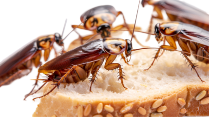 Many cockroaches are eating bread. white background image