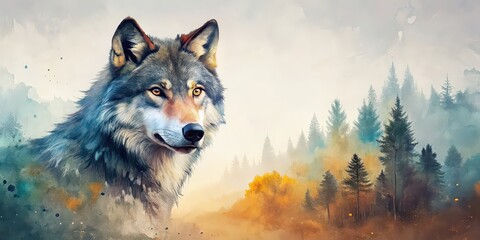 Captivating artwork of a wolf with a watercolor landscape on its body, wolf, watercolor, landscape, artwork, painting