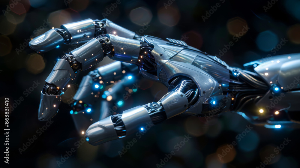 Poster close-up of a robot hand on a modern keyboard. robot hands typing on a computer with a keyboard. bus
