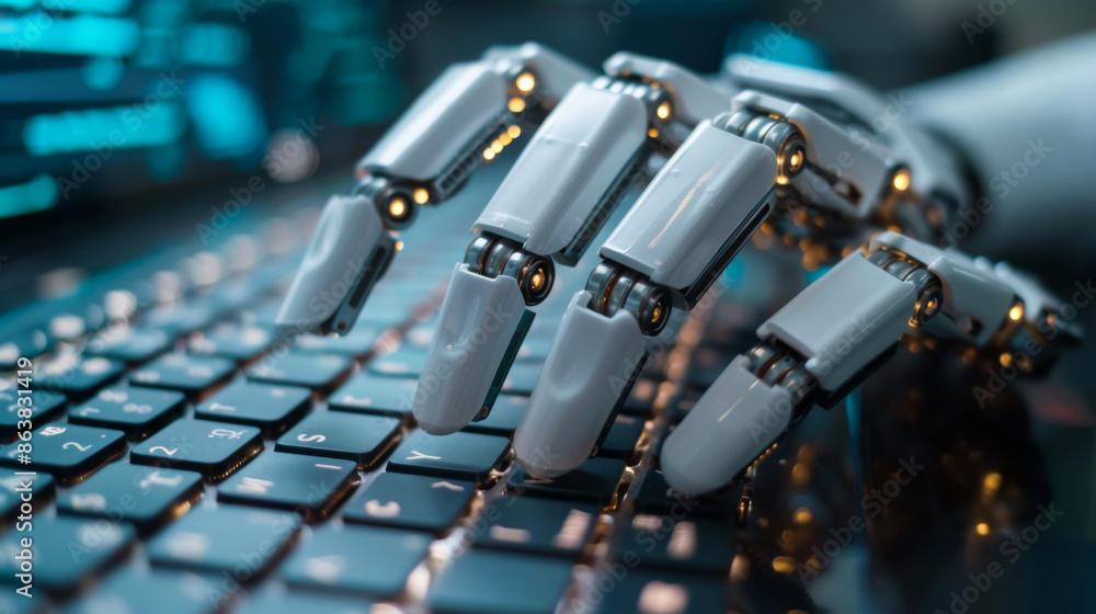 Poster close-up of a robot hand on a modern keyboard. robot hands typing on a computer with a keyboard. bus