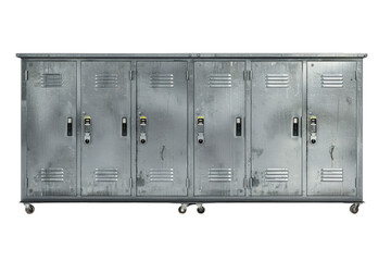 A row of six gray metal lockers with visible locks, suitable for school, gym or workplace. Isolated on white background. cut out. PNG. transparent background.