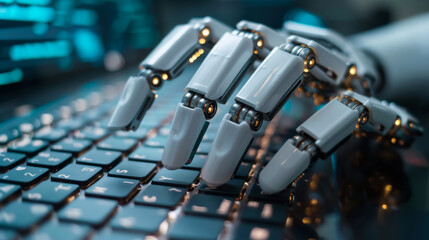 Naklejka premium Close-up of a robot hand on a modern keyboard. Robot hands typing on a computer with a keyboard. Business, technology concept.