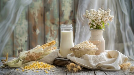 Dairy items and corn in a vase on a wooden surface representing the Jewish festival of Shavuot in a natural setting