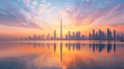 Panoramic skyline of Dubai with towering skyscrapers and vibrant sunset