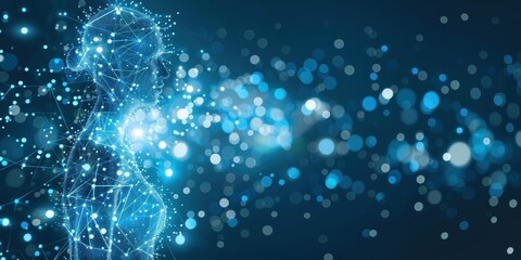 Abstract depiction of a human figure formed by blue digital particles, suggesting themes of technology, connection, and futuristic exploration.