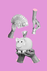 Vertical collage picture hands body fragments hold money pig bank collection deposit funds...