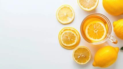 Glass of lemon water with whole and sliced lemons on a white background. Refreshing citrus beverage concept.