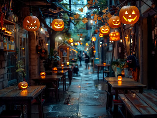 Naklejka premium Carved pumpkins with glowing faces hang above and are placed on tables, creating a festive and spooky ambiance, an outdoor dining alley adorned with Halloween decorations ,The background to be at dusk