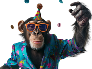 A chimpanzee in sunglasses, a party hat, and a colorful jacket celebrates with confetti.