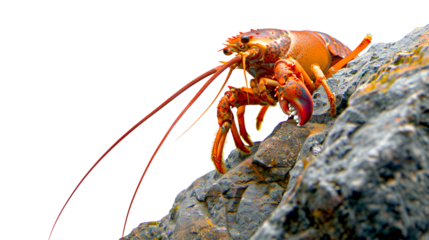 A close-up of a vibrant orange lobster clinging to a rocky surface. Its long antennae extend forward, and its claws are raised in a defensive posture.