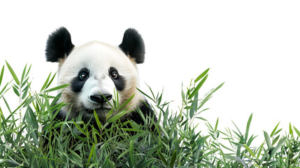 Naklejka premium A curious giant panda peeks out from a lush patch of bamboo.