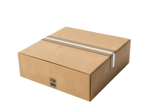 A closed cardboard box with a white tape wrapped around it.  The box is sitting on a white background.