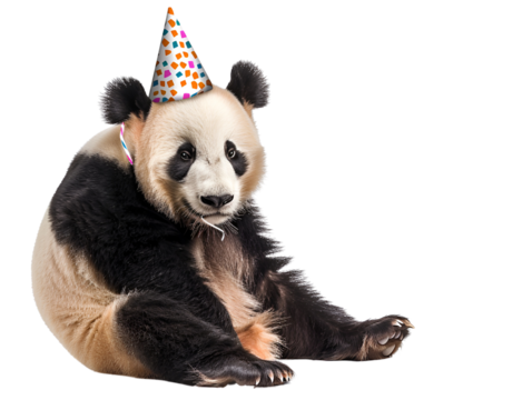 A cute panda wearing a party hat, isolated on a black background.