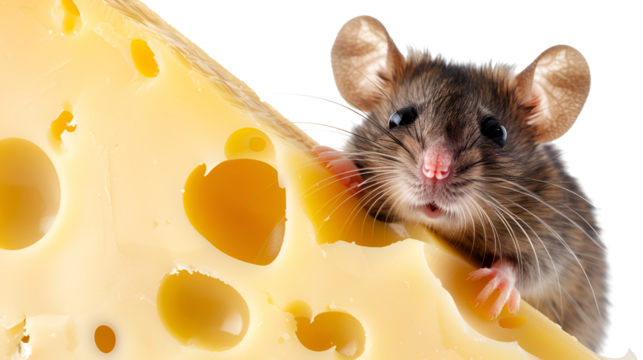 A cute little mouse peeking out from behind a large wedge of Swiss cheese.