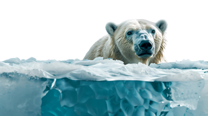 A majestic polar bear emerges from the icy water, its fur glistening in the sunlight.