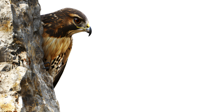 A majestic hawk perched on a rocky cliff, its keen eyes scanning the landscape below.