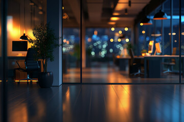 Modern Office Interior at Night with Warm Lighting and Glass Partitions