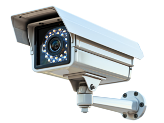 A white security camera with a lens and a dome cover, mounted on a wall.