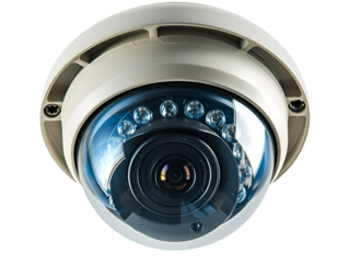 A white dome security camera with a black lens and infrared lights.  The camera is pointed directly at the viewer.