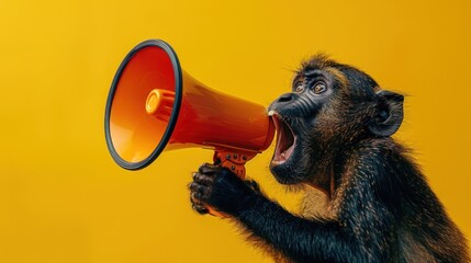 Fototapeta premium An eye-catching portrait of an animal vocally projecting into a megaphone, supported by a human hand. The solid color background provides a clean and uncluttered setting, emphasizing the dynamic