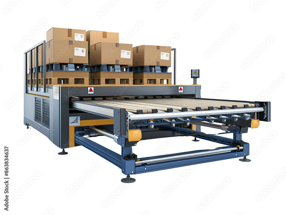 Poster industrial automated packaging machine with boxes stacked on top. the machine is designed to efficie