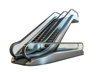 Modern escalator with glass panels, isolated on white background.