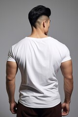 Muscular Asian man wearing oversized shirt on background