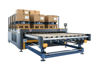 Industrial automated packaging machine with boxes stacked on top.  The machine is designed to efficiently package goods.