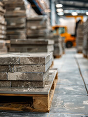 Stacked tiles on a pallet in a warehouse.
