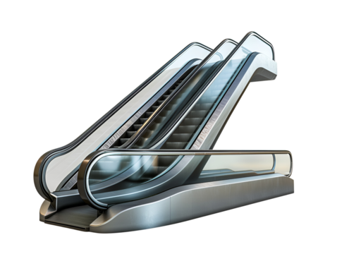 Modern escalator with glass panels, isolated on white background.
