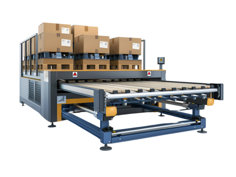 Industrial automated packaging machine with boxes stacked on top.  The machine is designed to efficiently package goods.