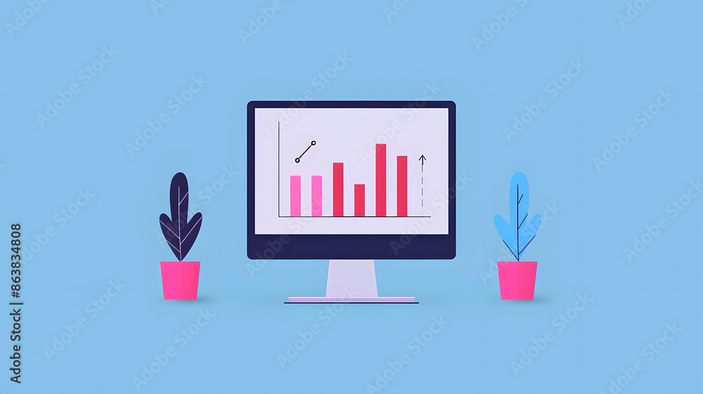 Poster a minimalist workspace setup featuring a computer monitor displaying a bar chart with plants on both